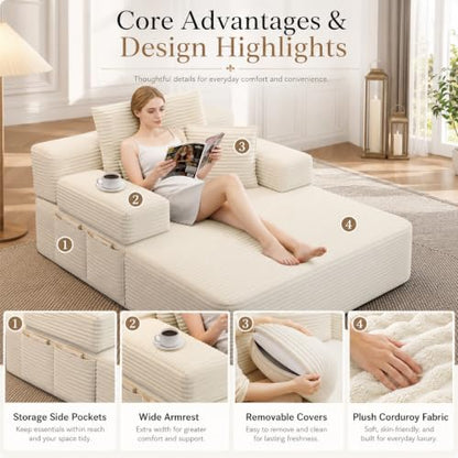 Oversized Chaise Lounge Chair Indoor,Corduroy Upholster Boneless Sofa Bed, view 6