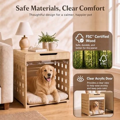 Modern Dog Crate Furniture Wooden Kennel Charging Station End Table Oak, view 7