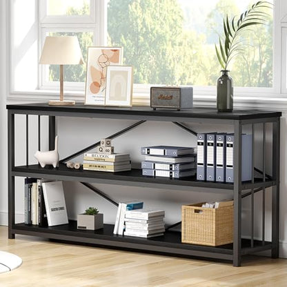 63" Black Low Horizontal Bookcase, Modern Long Wood Metal 3 Tier Book Shelf, Farmhouse Vintage Big Open Sturdy Bookshelf, Simple Large Wide Etagere for Home Living Room Office Bedroom, Black Oak