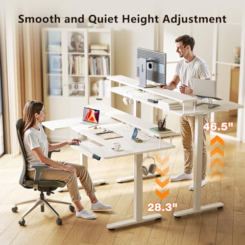 55 Inch U Shaped Electric Standing Desk with Keyboard Tray, White, view 5