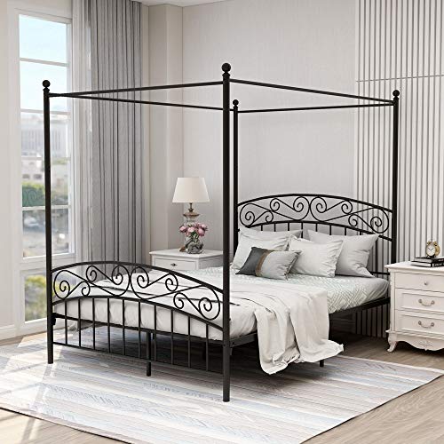 Queen Size Metal Canopy Bed Frame, Black, view 2