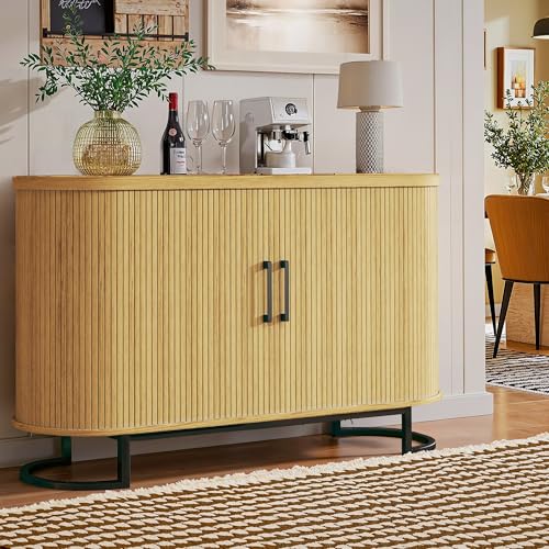 47.2" Sideboard Buffet Cabinet with Storage, Fluted Storage Cabinet with Sliding Door & Adjustable Shelf, Modern Tambour Sideboard Buffet for Kitchen, Living Room, Entryway, Oak