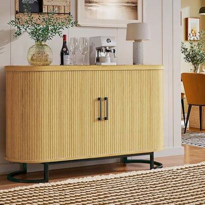 47.2" Sideboard Buffet Cabinet with Storage, Fluted Storage Cabinet with Sliding Door & Adjustable Shelf, Modern Tambour Sideboard Buffet for Kitchen, Living Room, Entryway, Oak