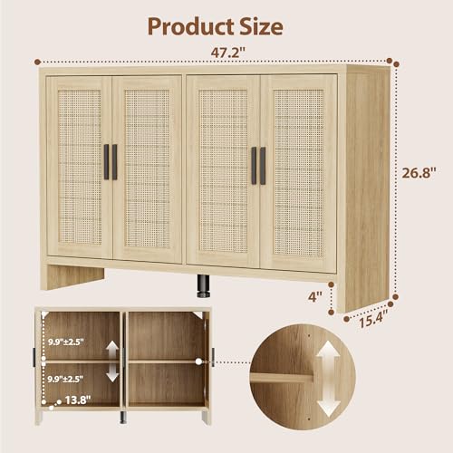 Rattan Buffet Cabinet with Storage, Sideboard with Doors, Console Table, view 3