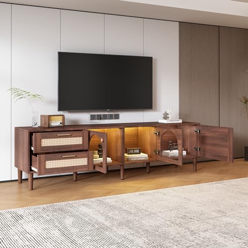 Rattan TV Stand with LED Lights, 70" Entertainment Center with 3 Cabinets & 2 Drawers Media Console Table for TVs Up to 80", Solid Wood Feet, Living Room, Bedroom Furniture
