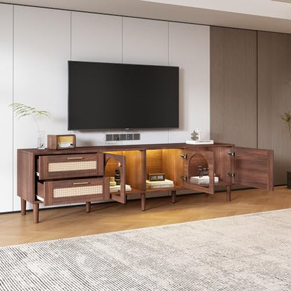 Rattan TV Stand with LED Lights, 70" Entertainment Center with 3 Cabinets & 2 Drawers Media Console Table for TVs Up to 80", Solid Wood Feet, Living Room, Bedroom Furniture