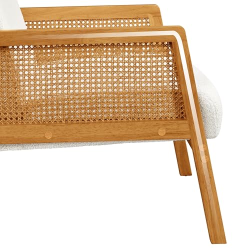 Yaheetech Rattan Accent Chair, Boho Vintage Armchair, Boucle Fabric Reading Chair with Wood Armrest and Legs for Living Room Bedroom Reception, Ivory