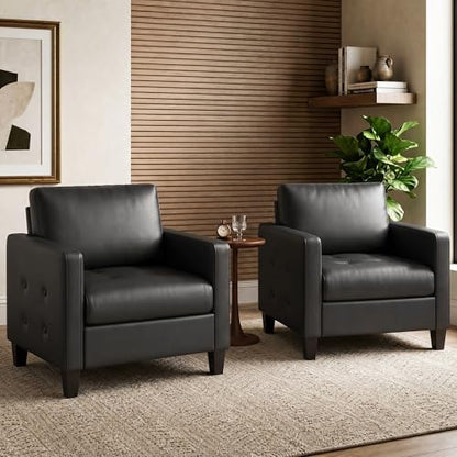 Black Accent Chairs Set of 2, Faux Leather Chair, Mid-Century Modern Living Room Chairs, Cozy Office Reading Chair with Tufted Armrest and Seat, Armchairs for Waiting Room, Bedroom (2)