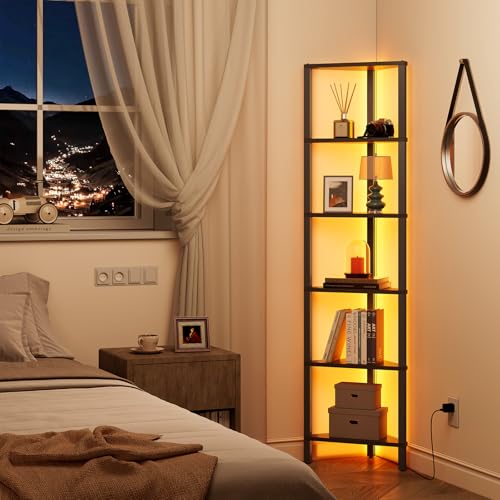 Corner Shelf with LED Light, 6-Tier Corner Bookshelf for Small Space, Narrow Display Corner Shelf Stand with Storage Rack, for Living Room, Bedroom, Black BS05BK006L