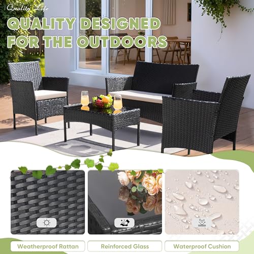 Patio Furniture 4 Pieces Conversation Sets Outdoor Wicker Rattan Chairs Garden Backyard Balcony Porch Poolside loveseat with Cushion and Glass Table, Black and Beige