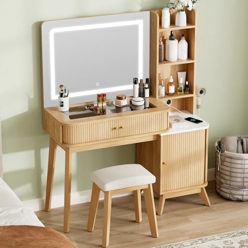 Fluted Makeup Vanity Desk with Mirror and Lights, view 2