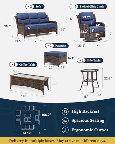11-Piece Luxury Patio Furniture Set with 6" Thick Cushions, Weather-Resistant Wicker High Back Swivel Rocker Chairs, Senior-Friendly Outdoor Sofa Set for Large Deck, Yard and Poolside, Blue(V2)