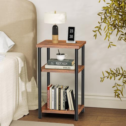 End Tables Set of 2, Small Side Table for Small Spaces, 3 Tier Tall Bedside Table with Open Shelf and Adjustable Feet for Living Room, Bedroom, Office, Dorm, Apartment, Brown