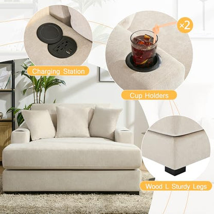 Modern 55" Chaise Lounge with Pillow, Charge Station & Cup Holders, view 6