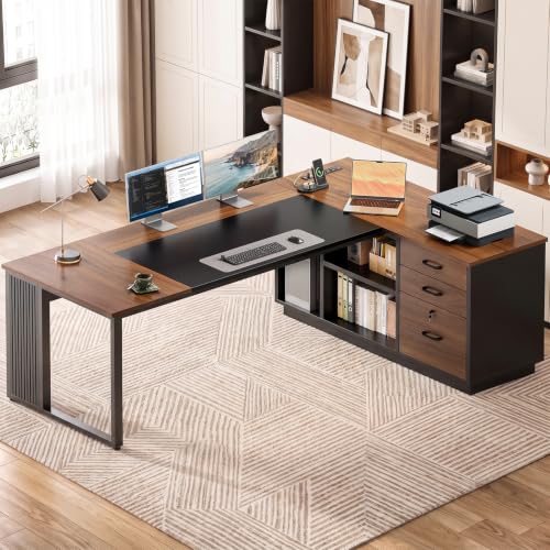 Executive 71 Inch L Shaped Desk with File Cabinet, Walnut+Black, view 2