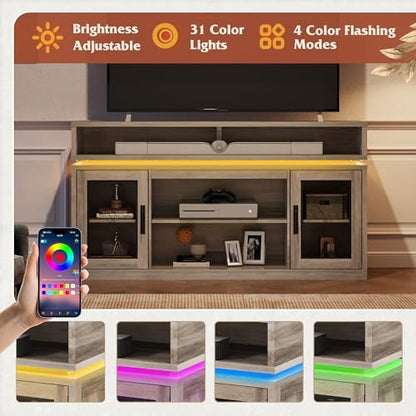 Farmhouse TV Stand for TVs Up to 65" with LED & Top Shelf, Gray Oak, view 5