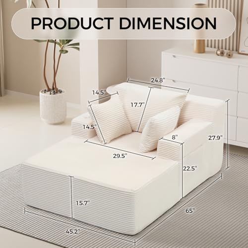 65" Chaise Lounge Chair Indoor, Oversized Corduroy Sofa Bed with 3 Pillows, view 3