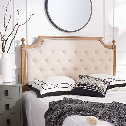 SAFAVIEH Furniture - Rustic Full Headboard - Beige & Rustic Oak - Solid Wood - Farmhouse Upholstered Design - Ideal for Bedroom (FOX6241A-F)