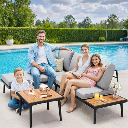 Outdoor Sectional Sofa Set L-Shaped Metal Patio Furniture with All-Weather Cushions and Built-in Side Coffee Table for Garden, Lawn, Backyard, Poolside, Gray