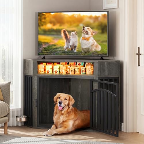 52" Corner Dog Crate Furniture with LED Light & Power Outlets, view 4