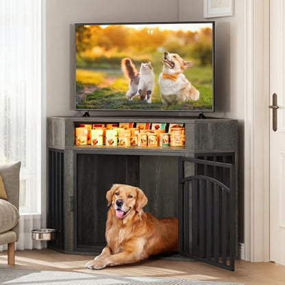 52" Corner Dog Crate Furniture with LED Light & Power Outlets, view 4