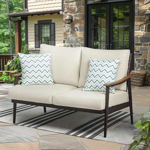 Patio Loveseat Sofa Outdoor Furniture Metal Chair with Wicker Backrest & 6 Inches Cushion for Indoor, Front Porch, Deck, Balcony, Backyard, 51.77"(L) x 29.75"(W) x 33.86"(H).