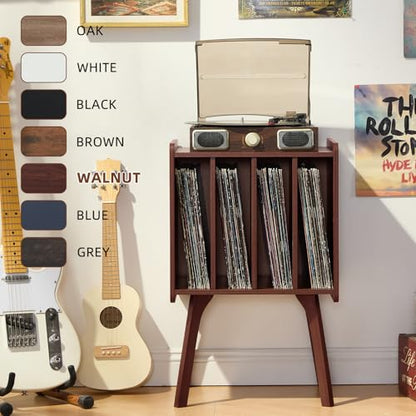 Record Player Stand, Walnut Vinyl Record Storage Table, 4-Cubby, view 6