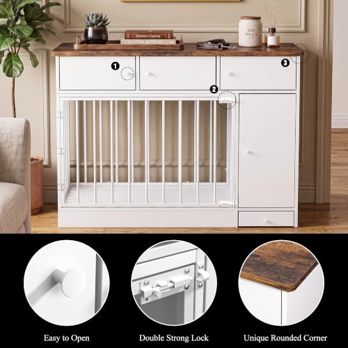 Dog Crate Furniture with 4 Storage & Bowl Design, 48’’ Dog Kennelf Indoor, view 4