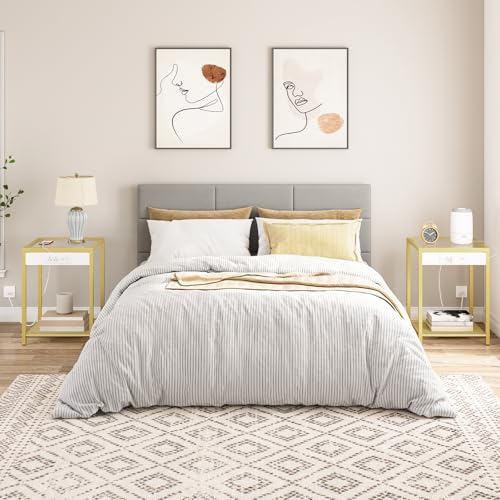 Side Table with Charging Station, Set of 2 End Tables with USB Port, Nightstand for Tight Spaces, Tempered Glass, Modern Metal Frame, for Office, Bedroom, Living Room, Gold GD76UBZP201