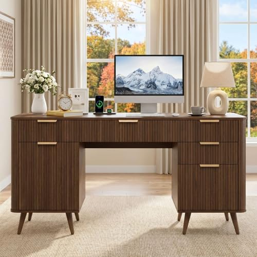 59" Fluted Executive Desk with 5 Drawers & Charging Station,Walnut, view 4