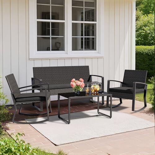 4 Piece Patio Furniture Set, Outdoor Wicker Patio Furniture with Glass Coffee Table, Modern Rattan Rocking Chairs Conversation Set, for Porch, Garden, Lawn (Black)
