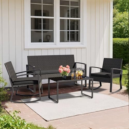 4 Piece Patio Furniture Set, Outdoor Wicker Patio Furniture with Glass Coffee Table, Modern Rattan Rocking Chairs Conversation Set, for Porch, Garden, Lawn (Black)
