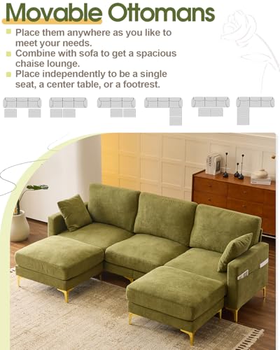 99.6" 3-Seat U-Shaped Sectional Sofa, Green | Chenille Upholstered, 2 Movable Ottomans, Cloud-Like Seat, 2 Throw Pillows, Comfy Deep Seat, Living Room, Apartment, Office