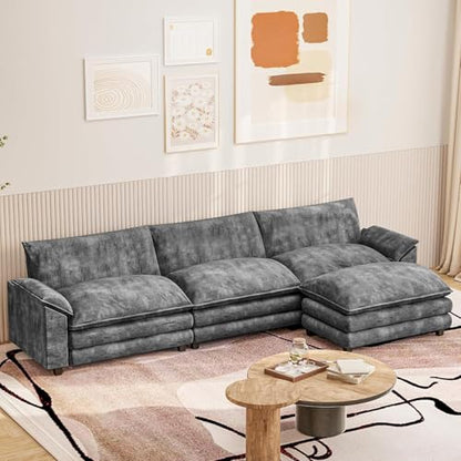 119" Modular Couch 3-Seat Sofa with Reversible Ottoman, Cloud Couch L Shaped Sofa with Deep Seat, Chenille Sectional Couches for Living Room