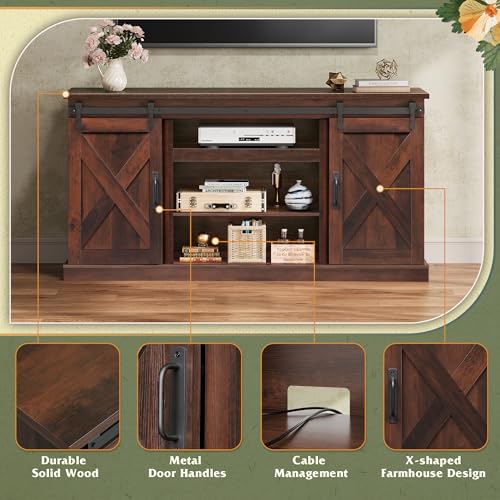 Farmhouse TV Stand for 65 Inch TV, Sliding Barn Doors, Brown, view 6