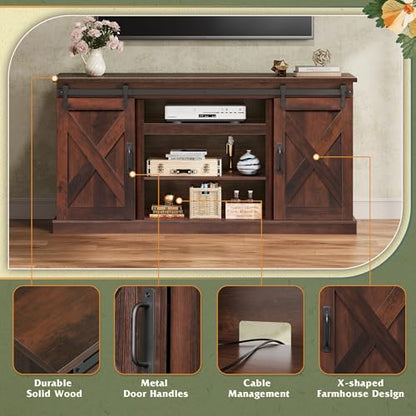 Farmhouse TV Stand for 65 Inch TV, Sliding Barn Doors, Brown, view 6