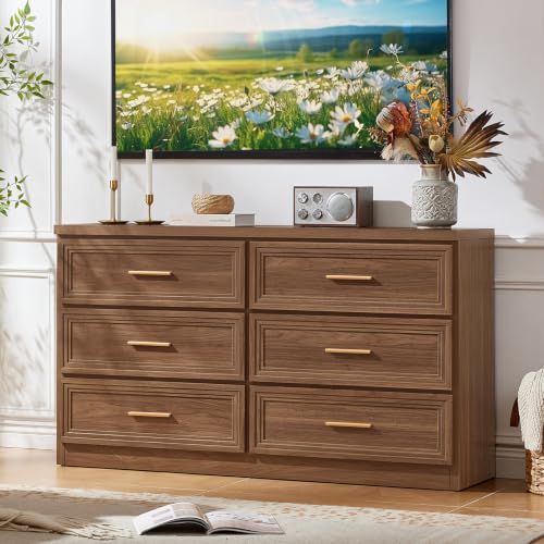 55.1" Wide Farmhouse 6 Drawers Dresser for Bedroom, Light Walnut, view 4