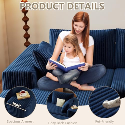 96" Cloud Sectional Couch with U-Shaped Chaise, Corduroy Sectional Sofa with Ottoman, Boneless Couch with Deep Seat in a Box for Living Room, No Assembly Required (Blue, Left Facing Chaise)