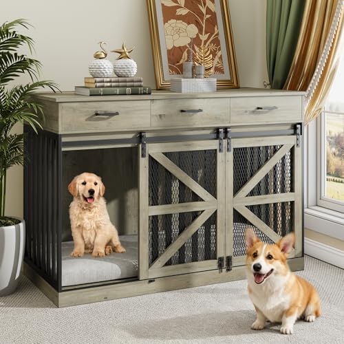48 Inch Large Dog Crate Furniture with 3 Storage Drawers, view 2