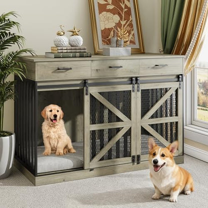 48 Inch Large Dog Crate Furniture with 3 Storage Drawers, view 2
