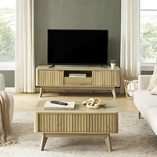 Brooklyn Mid-Century Modern TV Stand, for TVs up to 50” / 59" Waveform Panel, Sleek Curved Profile with Adjustable Shelf and Sturdy Box Frame Leg (Golden Oak, 57")