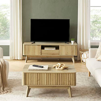 Brooklyn Mid-Century Modern TV Stand, for TVs up to 50” / 59" Waveform Panel, Sleek Curved Profile with Adjustable Shelf and Sturdy Box Frame Leg (Golden Oak, 57")