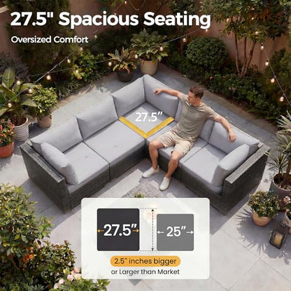 29.3'' High Back Outdoor Patio Furniture Set with Firepit Natural Gas & Propane, 9 Piece Extra Large Conversation Set with Fire Pit Table, Modern Deep Wide Modular Wicker Sofa Couches, Gray