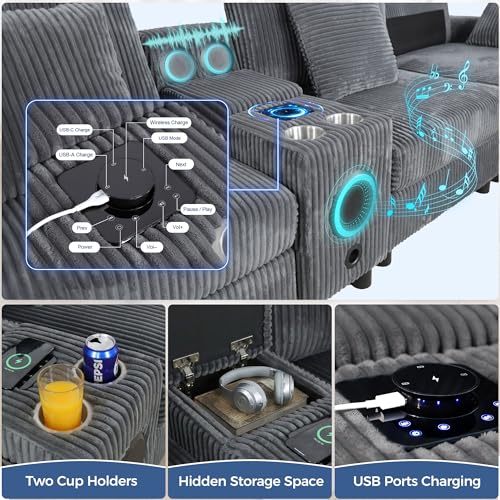 114" Corduroy Modular Sectional Couch with Built-in Speakers & USB Ports, Deep Seat L Shaped Couch with Storage Console, Cup Holders, Movable Ottoman, Cloud Comfy Gaming Sofa for Living Room (Gray)