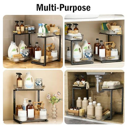 Under Sink Organizer - 2 Packs Multi-Purpose Pull-Out Storage Organizers, Slide out Pull out Cabinet Organizer Shelf, Storage for Kitchen Bathroom, Clear