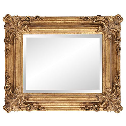 Edwin Hanging Rectangular Wall Mirror, Rustic Antique Gold Framed Decorative Accent Mirror for Living Room or Bedroom with Elegant Embellished Design, 19 x 23 Inch