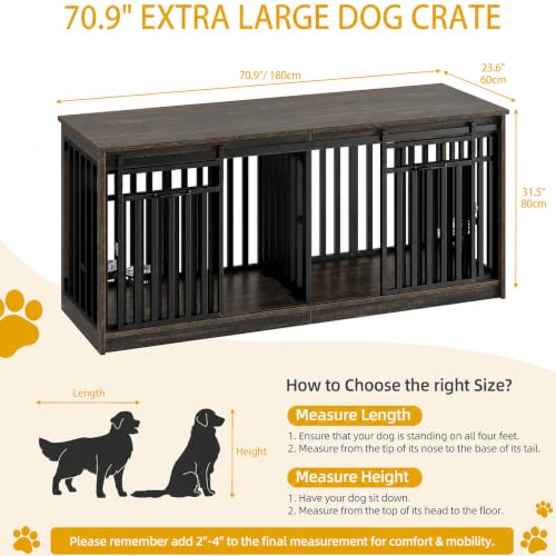 71" Heavy Duty Dog Crate Furniture for 2 Medium Dogs with Dog Bowls, view 3