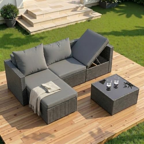 4 Pieces Patio Furniture Set, 2-in-1 Convertible Sectional Sofa & Chaise Lounge, All-Weather Wicker Rattan Sofa Couch with Cushions & Coffee Table for Yard, Garden, Porch, Poolside (Gray)