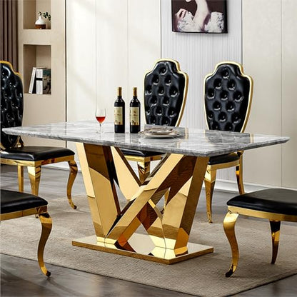 Marble Dining Table for 6 People, 70'' Rectangle Faux Marble Dining Table with Mirrored Stainless Steel Base, Large Size Marble Kitchen Table (Gold,Gray)(ONLY Table)