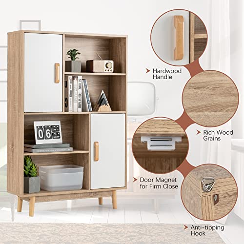 Storage Cabinet with Legs, Floor Cabinet with Doors, Shelves, Anti-Tipping Device, 4-Tier Bookshelf for Books & Photos, Tall Cupboard in Living Room, Kitchen Buffet Sideboard